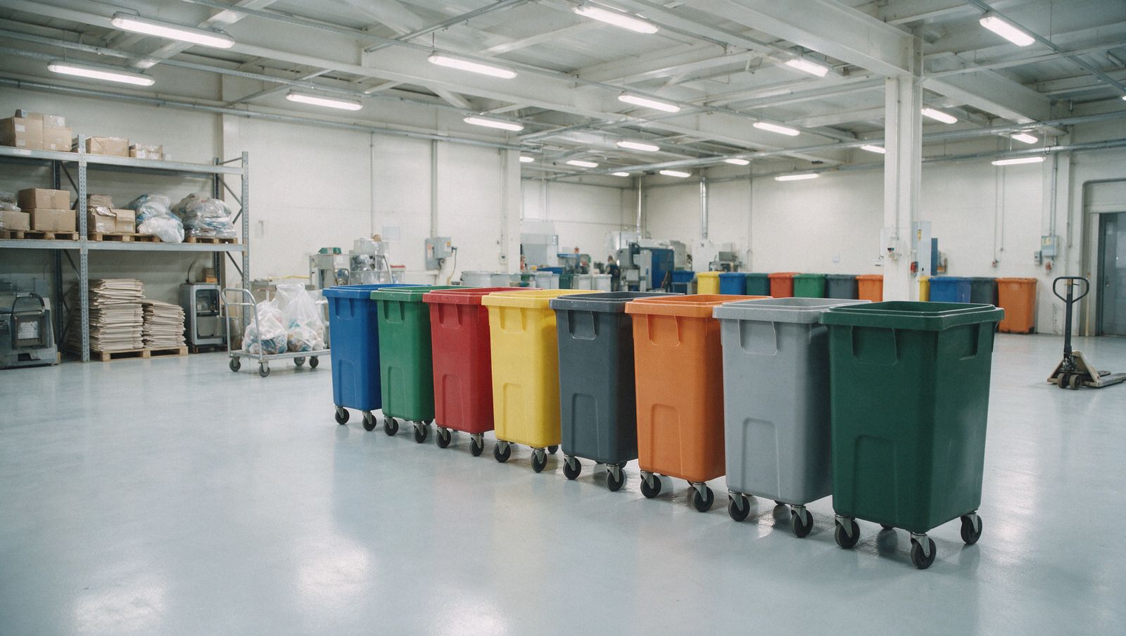Área de segregação de resíduos industriais com recipientes identificados e organizados.