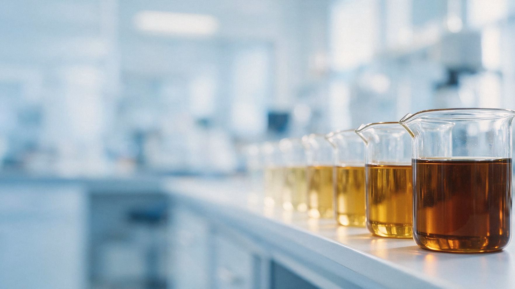 Fileira de béqueres com óleos lubrificantes de tonalidades diferentes, do mais claro ao mais escuro, sobre bancada de laboratório.
