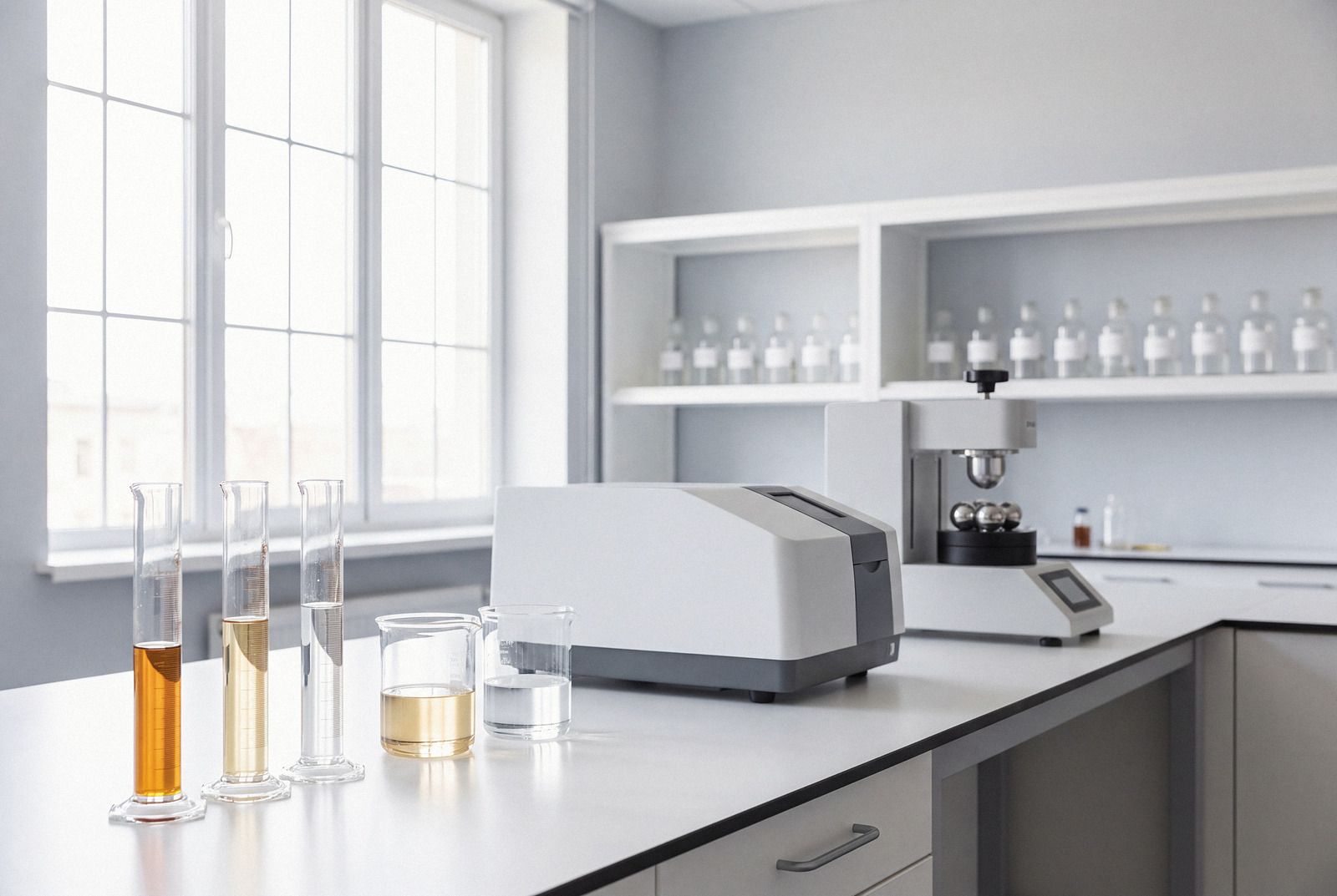 Bancada de laboratório de P&D com provetas e béqueres com fluidos em tons de âmbar.