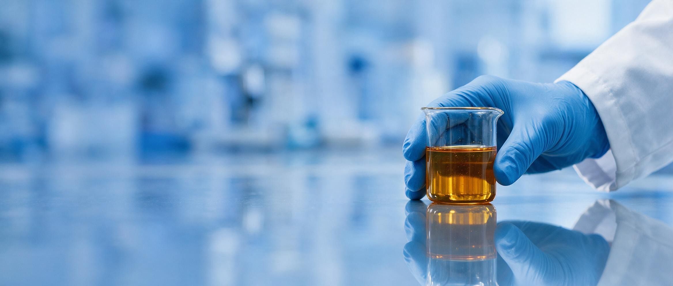 Mão com luva azul segurando um béquer com óleo lubrificante âmbar sobre bancada reflexiva de laboratório.