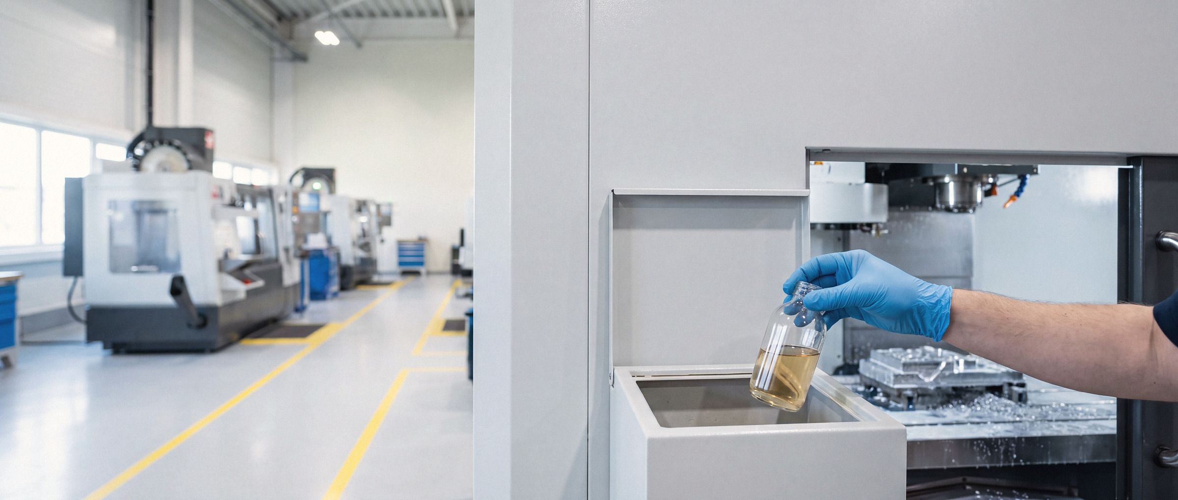 Coleta de amostra de fluido do tanque de uma máquina em operação.