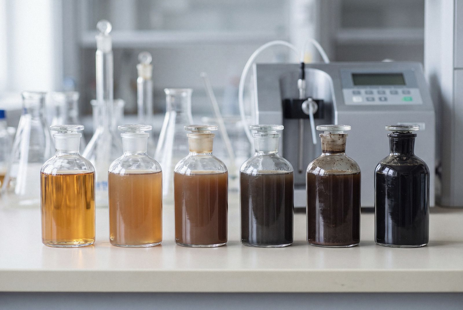 Seis amostras de fluido industrial usado, da condição limpa à contaminada, alinhadas em bancada de laboratório.