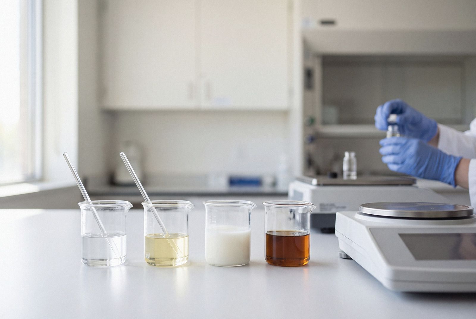 Bancada de formulação em laboratório industrial, com amostras e vidraria.